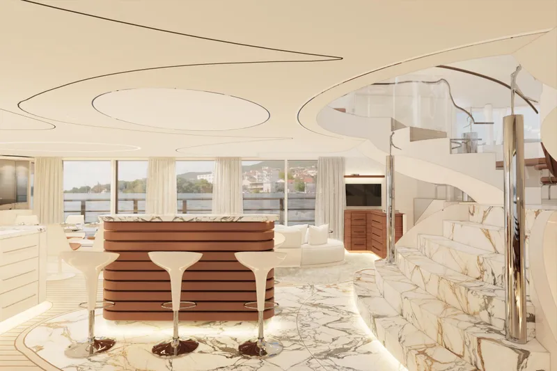 Deo Juvante Yachts Yacht Photos Pics Luxurious interior of 2026 Deo Juvante C24 yacht with elegant marble and modern design.