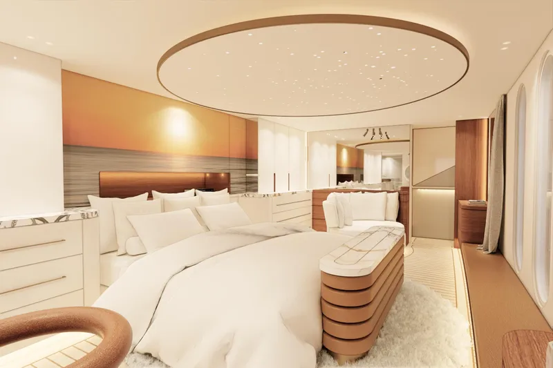 Deo Juvante Yachts Yacht Photos Pics Luxurious yacht bedroom interior, Deo Juvante C24, 2026 model, elegant design with modern furnishings.
