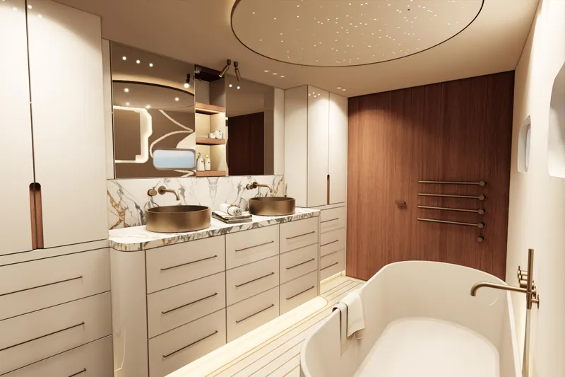 Deo Juvante Yachts Yacht Photos Pics Luxurious yacht bathroom with dual sinks, marble countertops, and freestanding tub, Deo Juvante C24, 2026.
