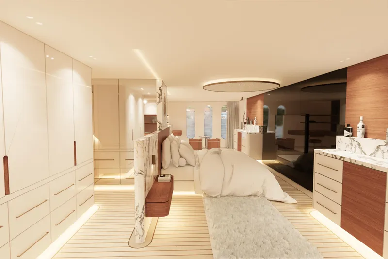 Deo Juvante Yachts Yacht Photos Pics Luxurious interior of 2026 Deo Juvante C24 yacht with elegant furnishings and ambient lighting.