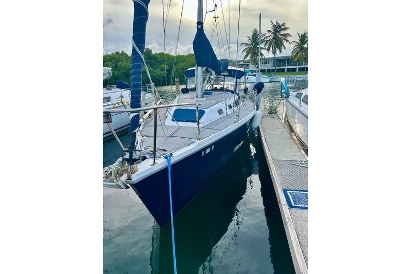 Makai Yacht Photos Pics Sailboat Catalina 320, 1999 model, docked at marina with palm trees in background.