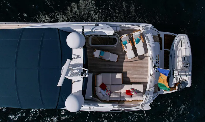 El Tio Yacht Photos Pics Aerial view of 2006 Sunseeker 90 Yacht with deck seating and sun loungers.