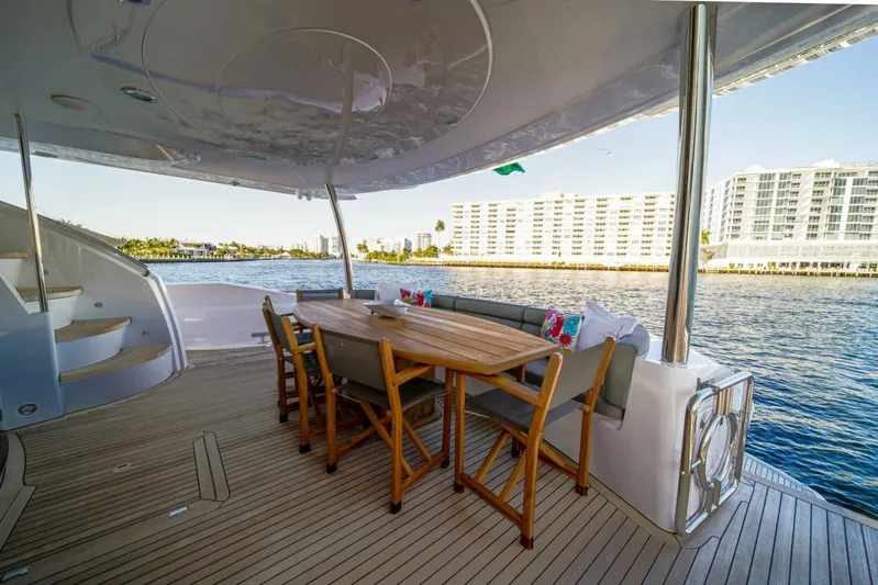 El Tio Yacht Photos Pics Outdoor dining area on a 2006 Sunseeker 90 Yacht with waterfront view.