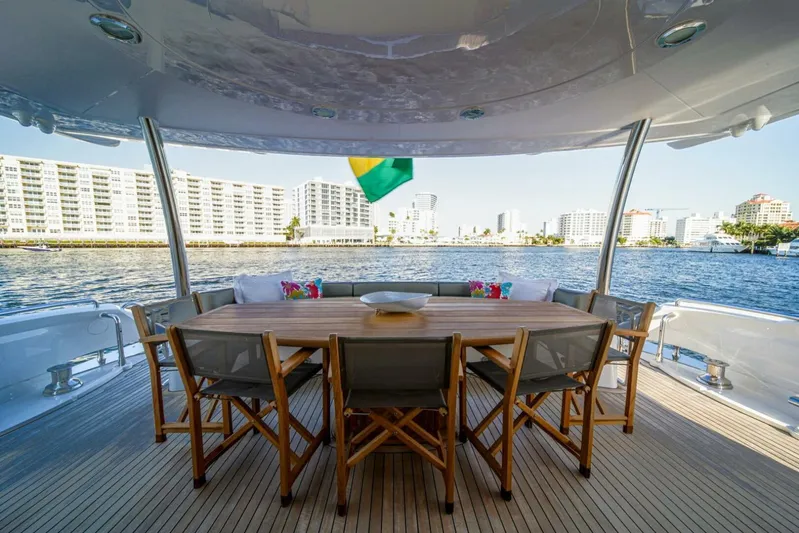 El Tio Yacht Photos Pics Outdoor dining area on a 2006 Sunseeker 90 Yacht, overlooking waterfront cityscape.