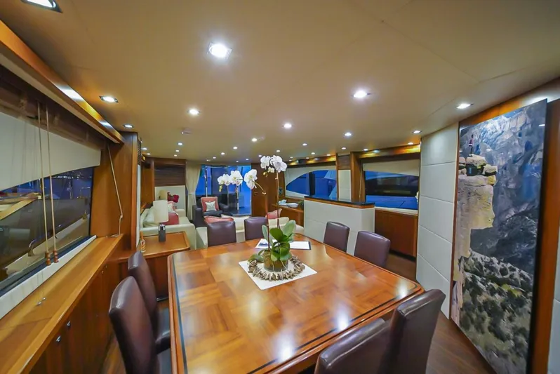 El Tio Yacht Photos Pics Luxurious interior of 2006 Sunseeker 90 Yacht with elegant dining area and modern decor.