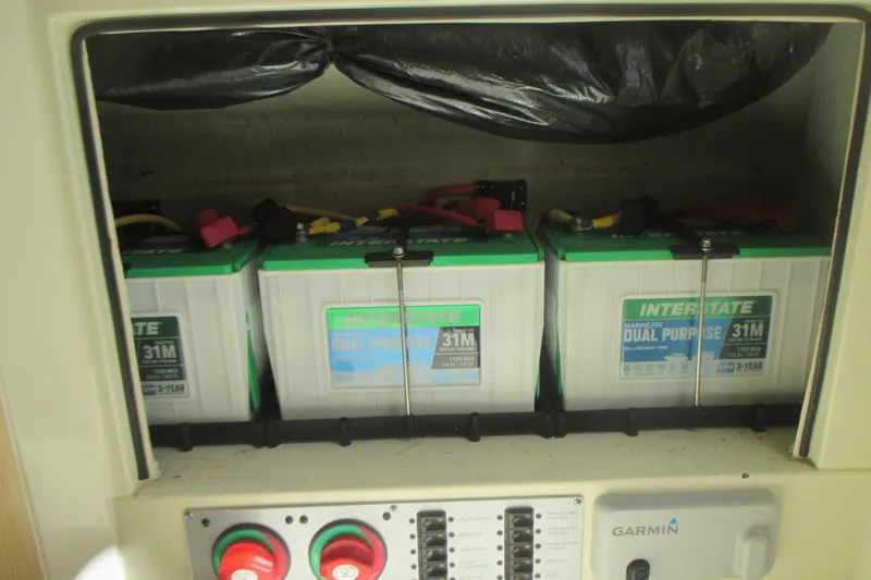  Yacht Photos Pics Three Interstate marine batteries in a 2019 Chris-Craft Catalina 30 boat compartment.