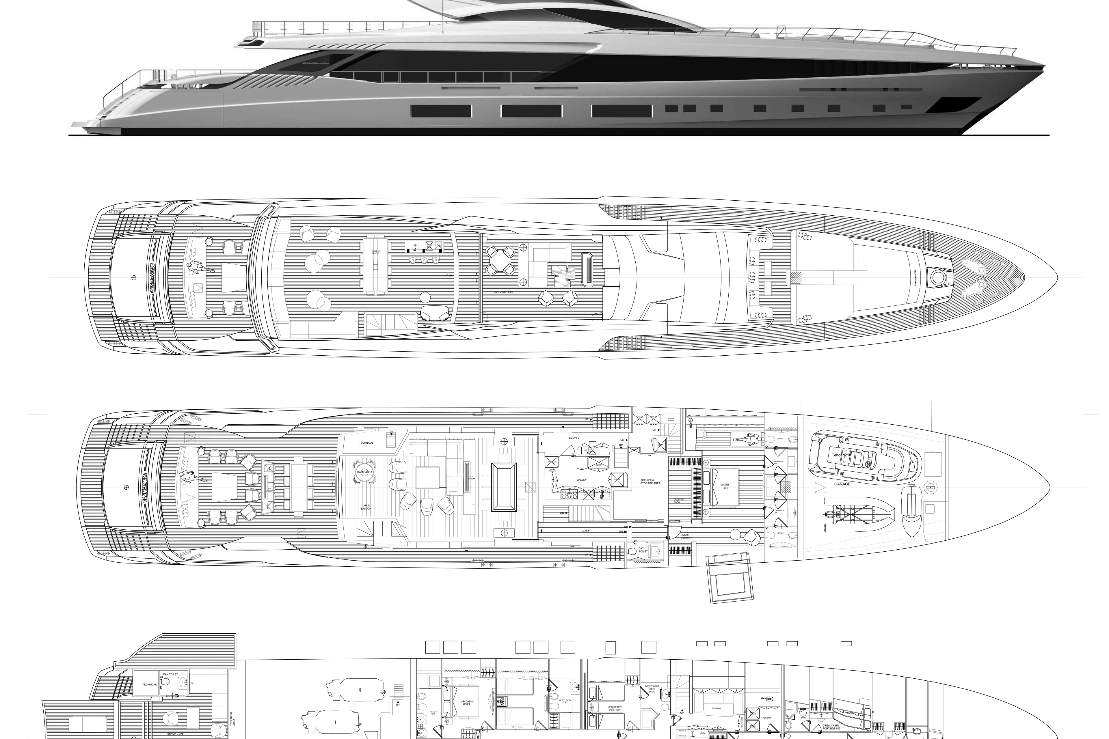 Goldeneye Yacht Photos Pics Blueprint of 2020 Mangusta 54 Gransport luxury yacht, showcasing detailed deck layouts and side profile.
