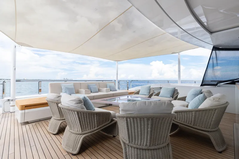 Goldeneye Yacht Photos Pics Luxurious deck seating on 2020 Mangusta 54 Gransport yacht with ocean view.