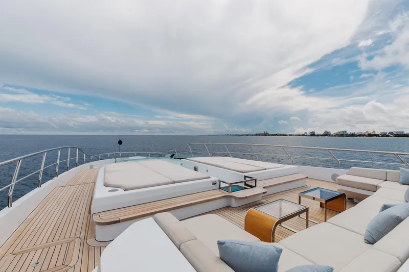 Goldeneye Yacht Photos Pics Luxurious deck of 2020 Mangusta 54 Gransport yacht with ocean view and elegant seating.