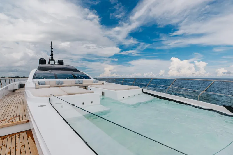 Goldeneye Yacht Photos Pics Luxurious 2020 Mangusta 54 Gransport yacht with deck pool and ocean view.