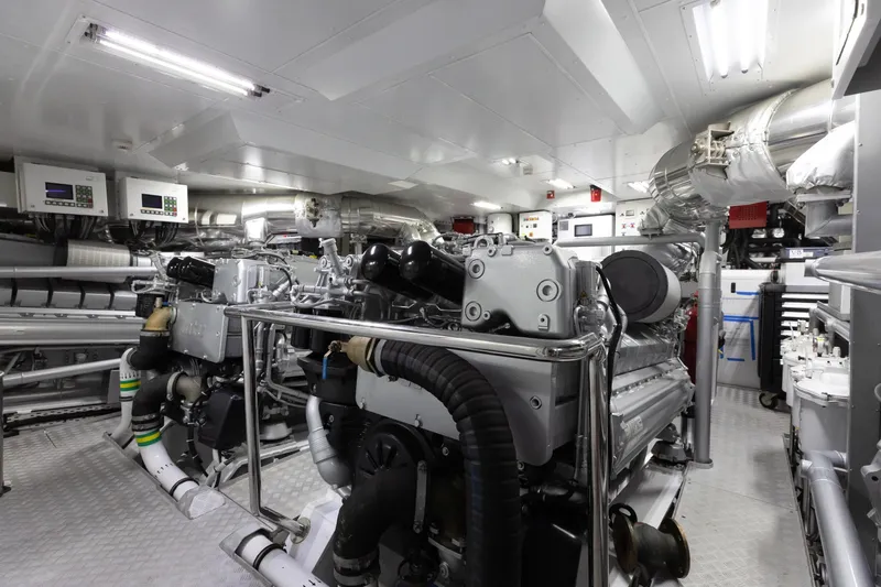Goldeneye Yacht Photos Pics Engine room of 2020 Mangusta 54 Gransport yacht, featuring advanced machinery and control systems.