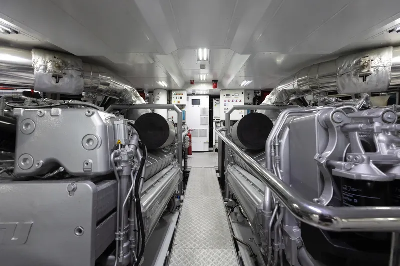 Goldeneye Yacht Photos Pics Engine room of 2020 Mangusta 54 Gransport yacht, featuring advanced machinery and equipment.