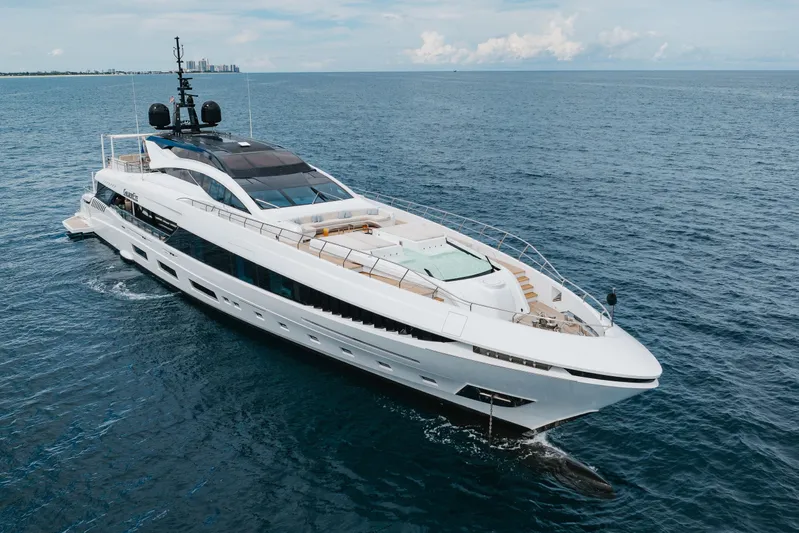 Goldeneye Yacht Photos Pics Luxurious 2020 Mangusta 54 Gransport yacht cruising on open sea.