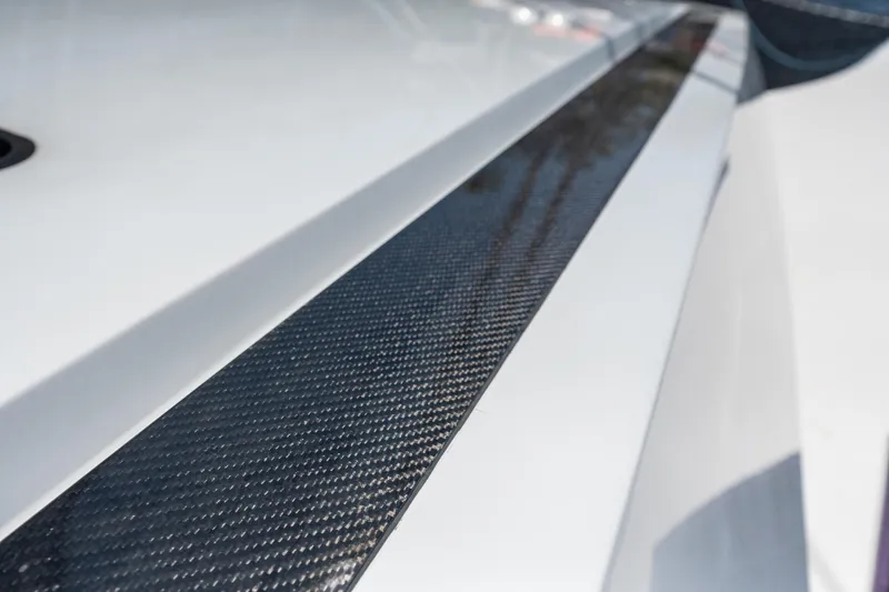 Noble House Yacht Photos Pics Close-up of 2019 McConaghy MC60 yacht's sleek carbon fiber detail.