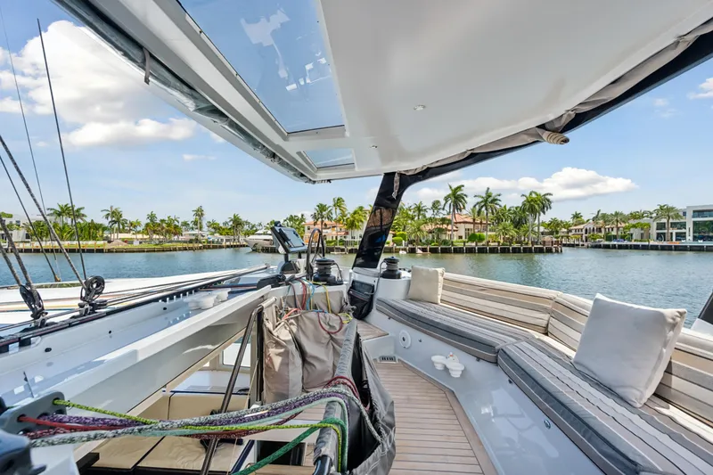 Noble House Yacht Photos Pics Luxurious 2019 McConaghy MC60 yacht deck with scenic waterfront view.