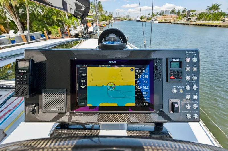 Noble House Yacht Photos Pics Navigation system on 2019 McConaghy MC60 yacht, displaying colorful digital map.