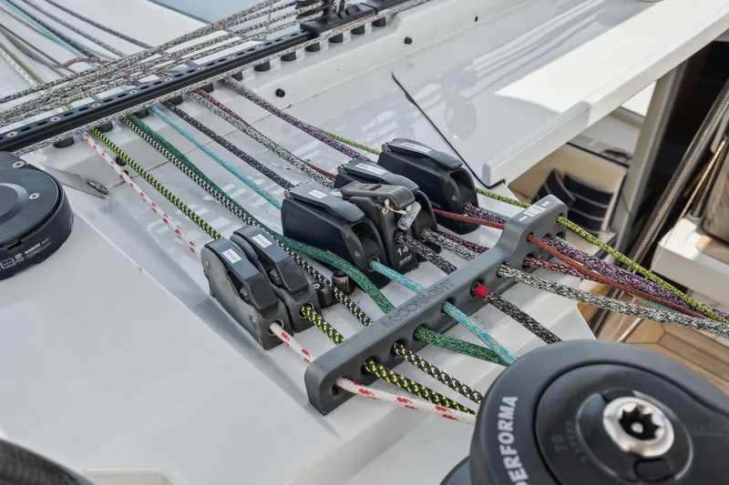 Noble House Yacht Photos Pics Close-up of 2019 McConaghy MC60 yacht rigging and control lines.