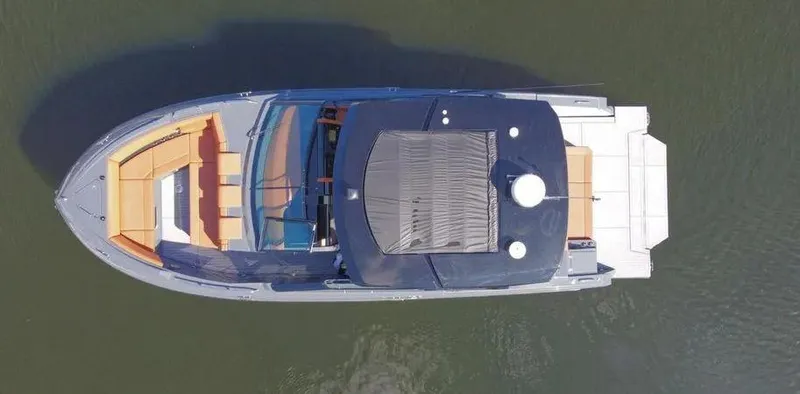  Yacht Photos Pics 2023 Cruisers Yachts 38 GLS, aerial view, sleek design, spacious deck, luxury motor yacht.