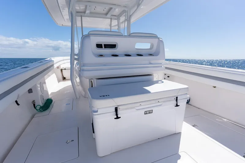  Yacht Photos Pics 2015 Intrepid 400 Center Console boat interior with Yeti cooler, ocean view.