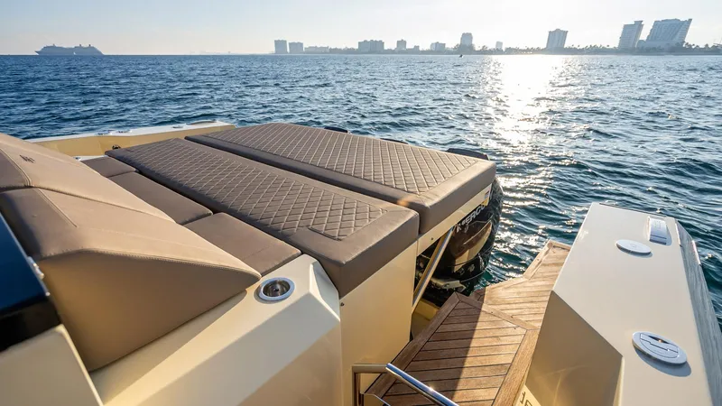  Yacht Photos Pics Luxurious Fabbro F45 CABRIO 2025 yacht on serene ocean waters at sunset.