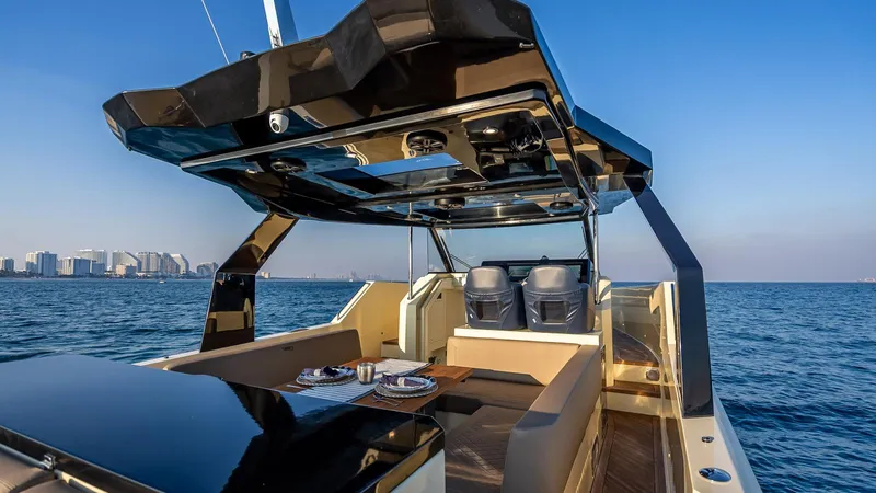  Yacht Photos Pics Luxury Fabbro F45 CABRIO yacht interior, 2025 model, with ocean view and modern seating.