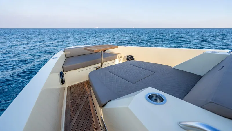  Yacht Photos Pics Luxurious 2025 Fabbro F45 CABRIO yacht interior with ocean view and comfortable seating.