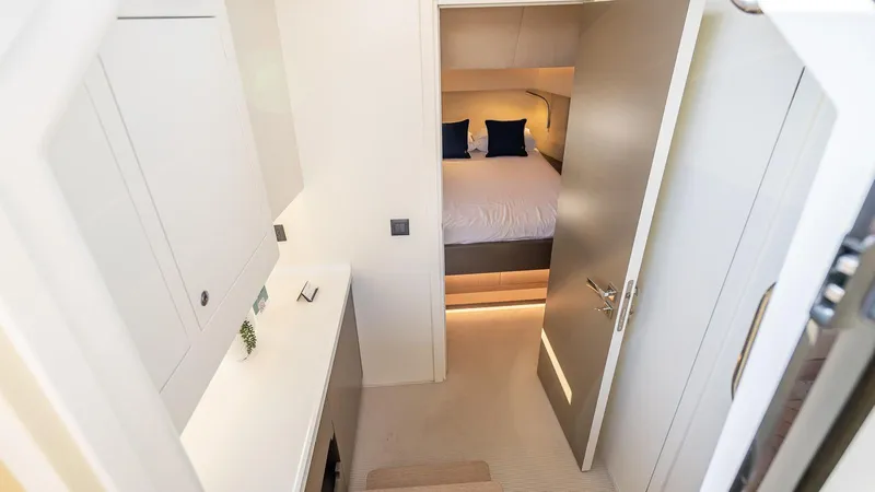  Yacht Photos Pics Luxurious interior of 2025 Fabbro F45 CABRIO yacht bedroom with modern design.
