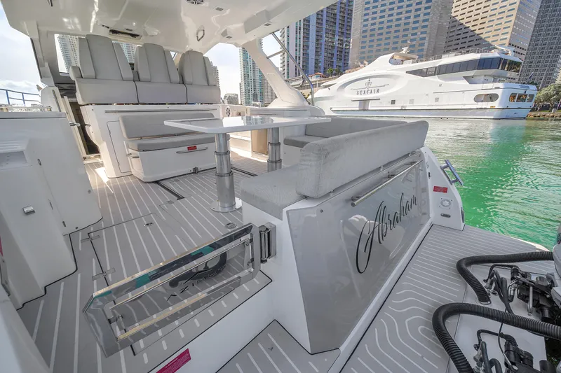  Yacht Photos Pics Azimut Verve 40 yacht interior, 2020 model, docked in a marina with cityscape background.
