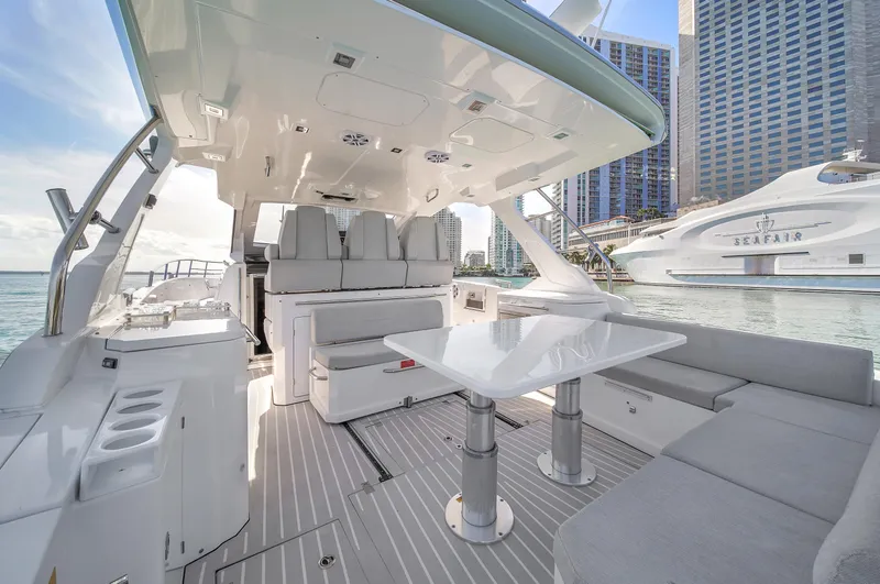  Yacht Photos Pics Luxurious 2020 Azimut Verve 40 yacht interior with modern seating and table.