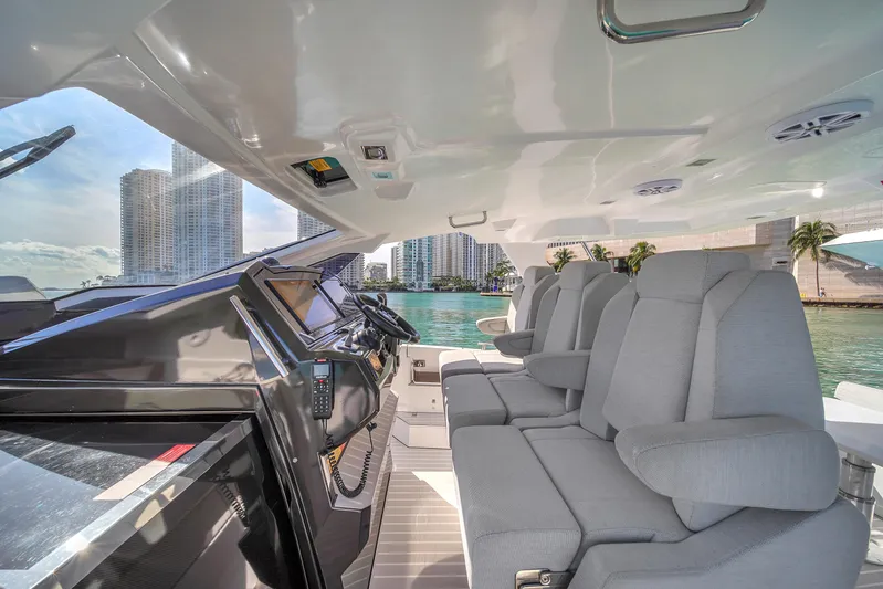  Yacht Photos Pics Azimut Verve 40 yacht interior, 2020 model, with plush seating and modern controls.