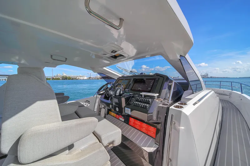  Yacht Photos Pics Interior view of 2020 Azimut Verve 40 yacht cockpit with modern controls.