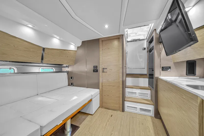  Yacht Photos Pics Interior of 2020 Azimut Verve 40 yacht with modern design and white seating.
