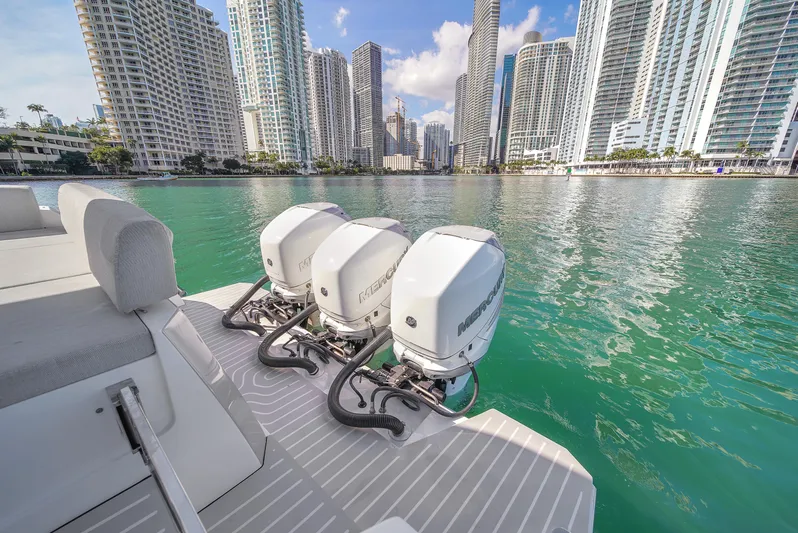  Yacht Photos Pics Azimut Verve 40 yacht with triple outboard engines in a city marina, 2020 model.