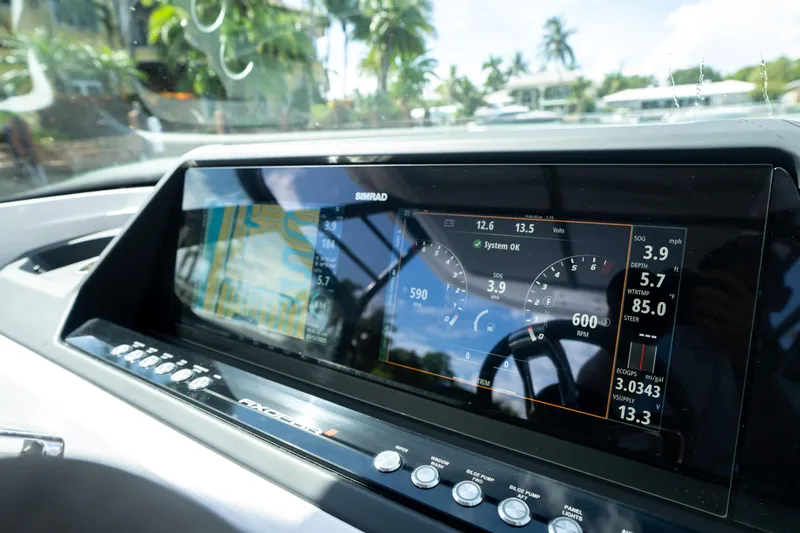  Yacht Photos Pics Dashboard of 2023 Axopar 28 T-Top boat with digital display and controls.