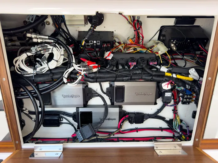  Yacht Photos Pics Electrical wiring and components inside a 2023 Axopar 28 T-Top boat.