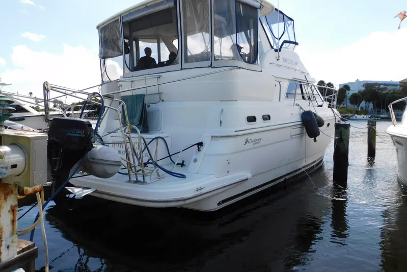 How Lucky Yacht Photos Pics 2003 Cruisers Yachts 3750 Motoryacht docked at marina, rear view.