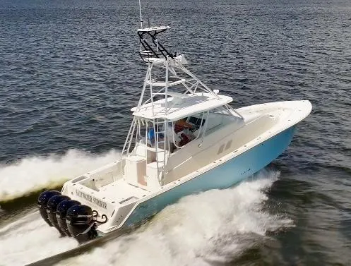Saltwater Striker Yacht Photos Pics 2016 SeaVee 430 Fish Around boat cruising on open water with four powerful engines.