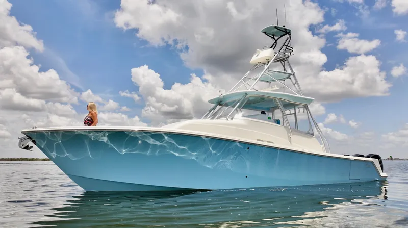 Saltwater Striker Yacht Photos Pics 2016 SeaVee 430 Fish Around boat on water under cloudy sky.