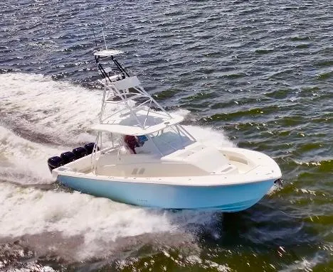 Saltwater Striker Yacht Photos Pics 2016 SeaVee 430 Fish Around boat cruising on open water.