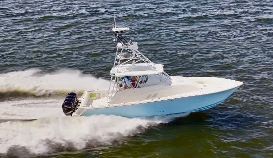 Saltwater Striker Yacht Photos Pics 2016 SeaVee 430 Fish Around boat cruising on open water.