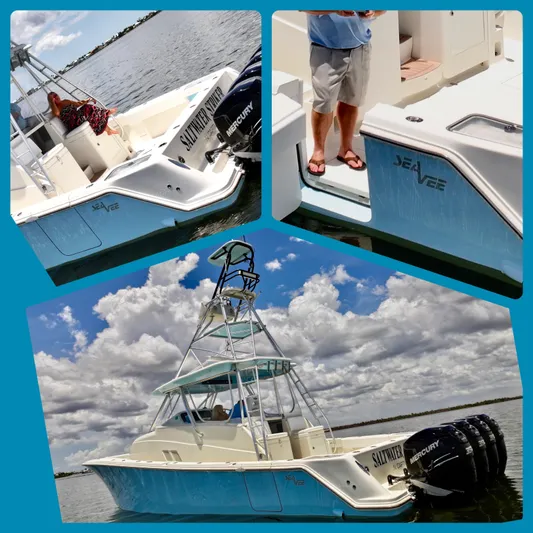 Saltwater Striker Yacht Photos Pics 2016 SeaVee 430 Fish Around boat with blue hull and multiple Mercury engines.