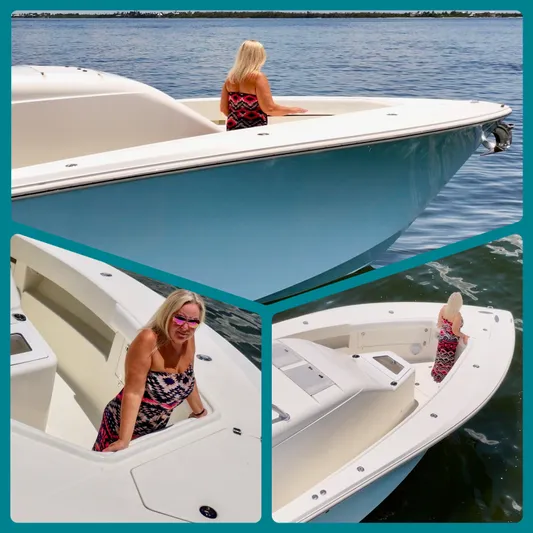 Saltwater Striker Yacht Photos Pics 2016 SeaVee 430 Fish Around boat with person enjoying the deck on the water.