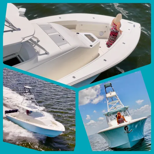 Saltwater Striker Yacht Photos Pics 2016 SeaVee 430 Fish Around boat on water, featuring spacious deck and tower.