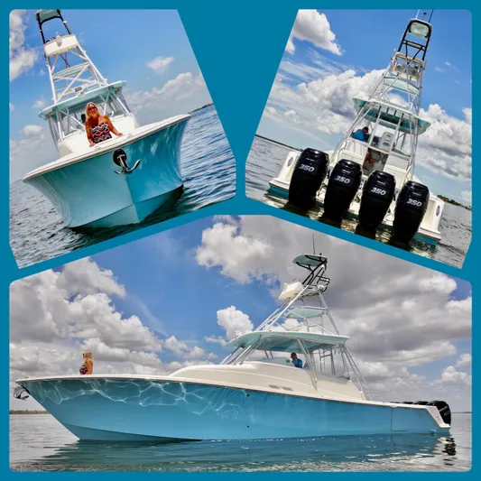 Saltwater Striker Yacht Photos Pics 2016 SeaVee 430 Fish Around boat with multiple angles, featuring powerful engines and sleek design.
