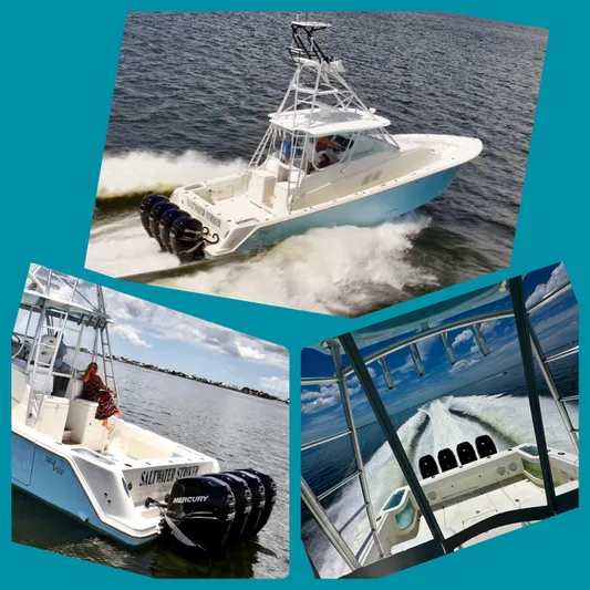 Saltwater Striker Yacht Photos Pics 2016 SeaVee 430 Fish Around boat cruising on water, showcasing powerful engines.