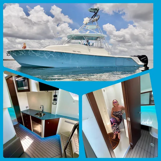Saltwater Striker Yacht Photos Pics 2016 SeaVee 430 Fish Around boat with interior kitchen and cabin views.