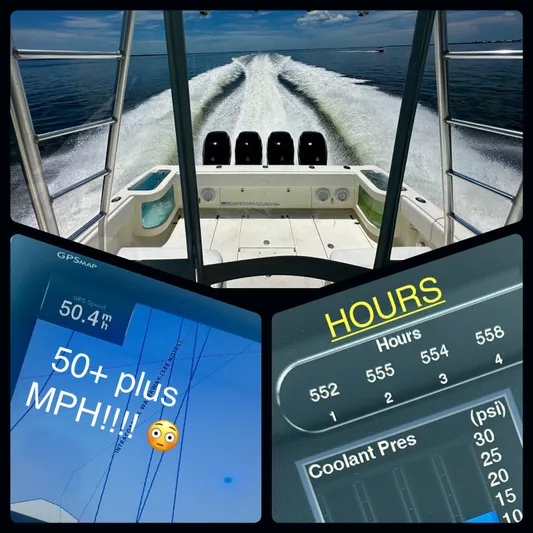 Saltwater Striker Yacht Photos Pics 2016 SeaVee 430 Fish Around boat dashboard showing 50+ MPH speed and engine hours.