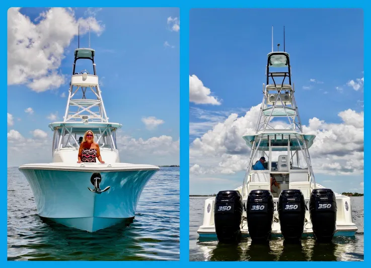 Saltwater Striker Yacht Photos Pics 2016 SeaVee 430 Fish Around boat on water, front and rear views, featuring multiple engines.