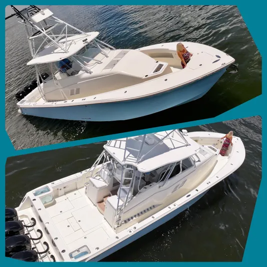 Saltwater Striker Yacht Photos Pics 2016 SeaVee 430 Fish Around boat on water, showcasing sleek design and spacious deck.