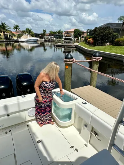 Saltwater Striker Yacht Photos Pics Woman on 2016 SeaVee 430 Fish Around boat by dock, sunny day, calm water.
